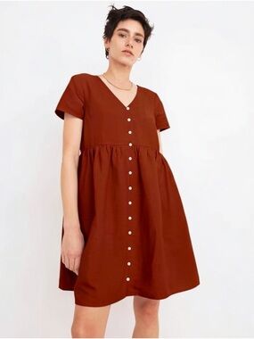 Madewell V-Neck Linen Blend Button Front Short Sleeve Dress in Red L